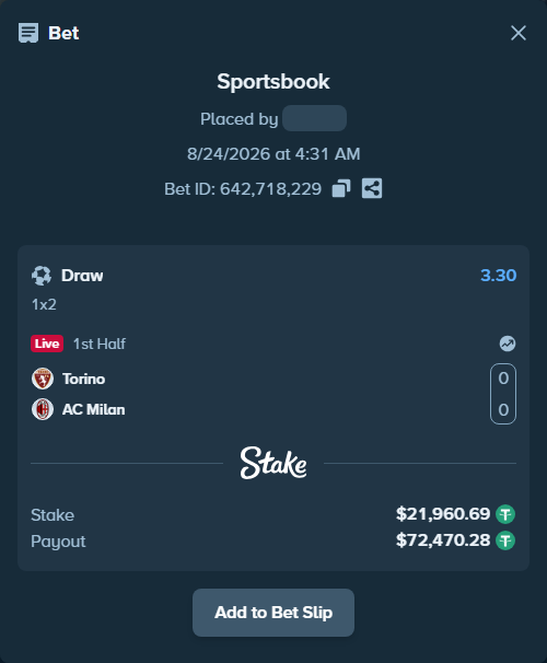 Bet slip: Torino - AC Milan, $21,958.50 stake at 3.30 odds, placed by partizanti22
