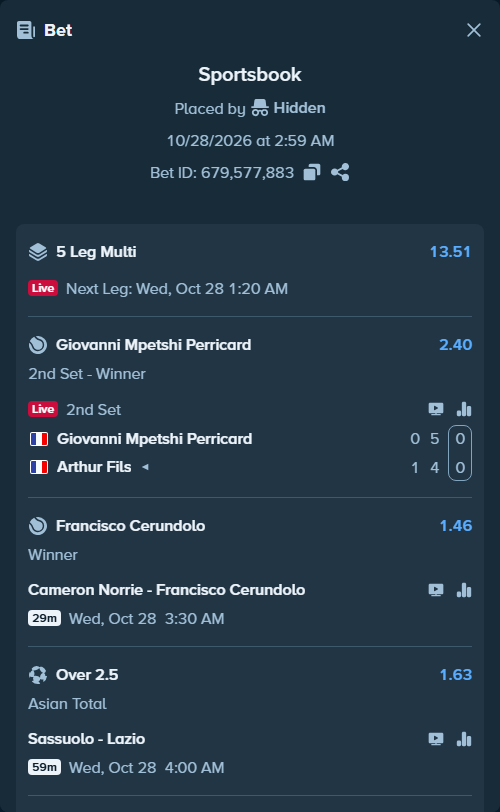 Bet slip: Torino - Como, $10,000.00 stake at 1.62 odds, placed by Hidden