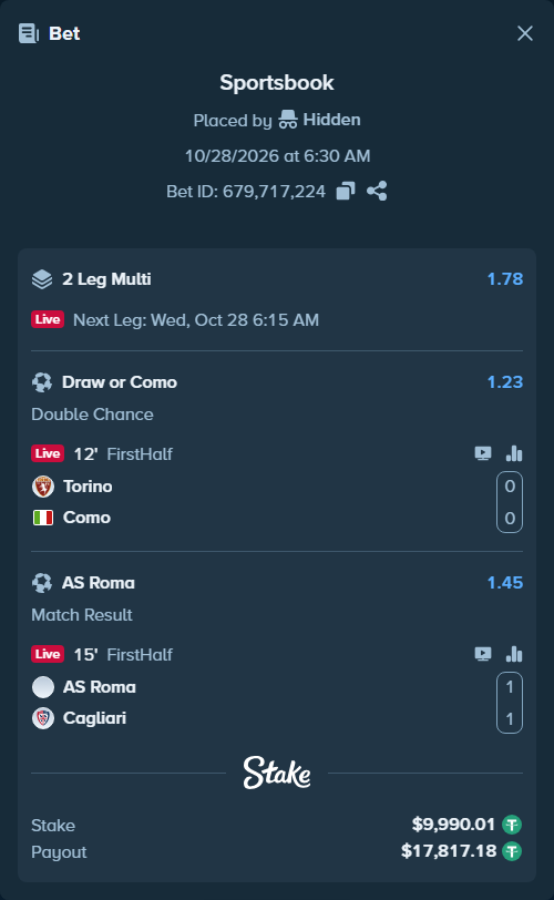 Bet slip: Torino - Como, $10,000.00 stake at 1.23 odds, placed by Hidden