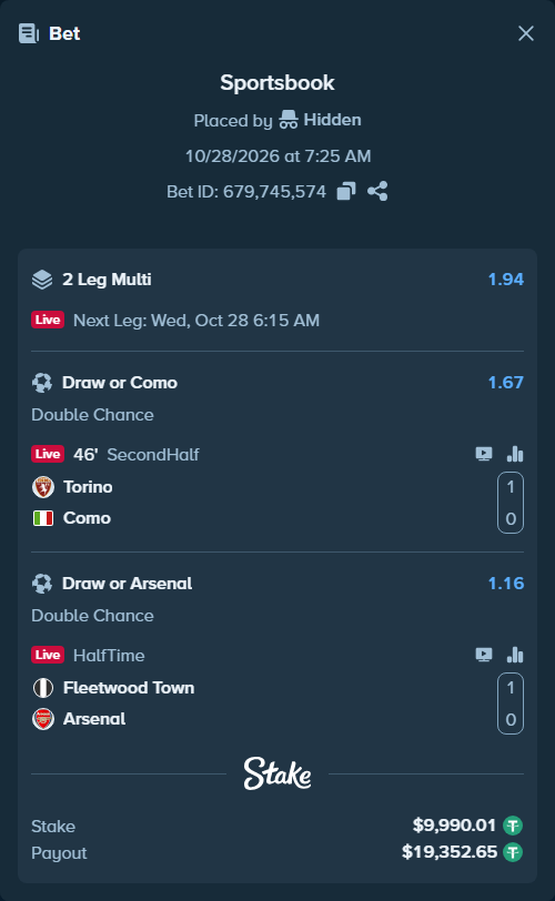Bet slip: Torino - Como, $10,000.00 stake at 1.67 odds, placed by Hidden
