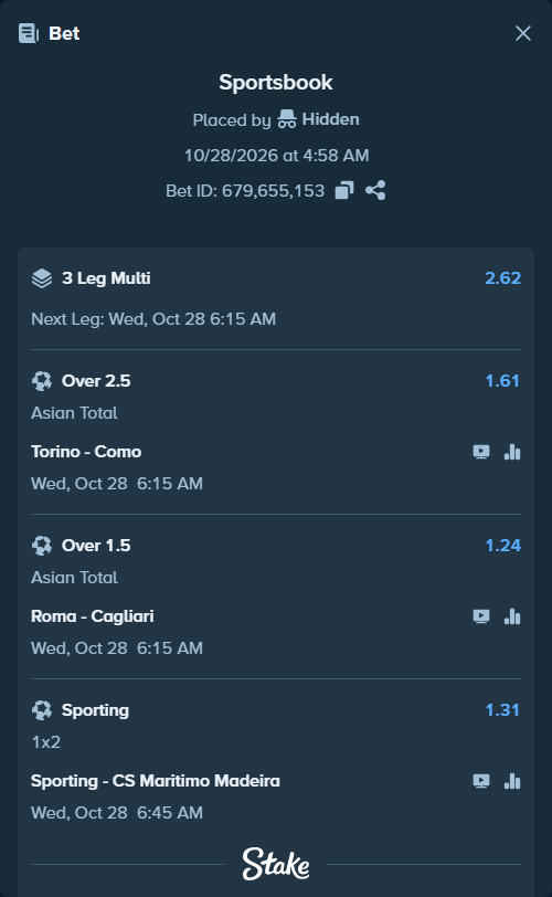 Bet slip: Torino - Como, $10,010.00 stake at 1.61 odds, placed by Hidden