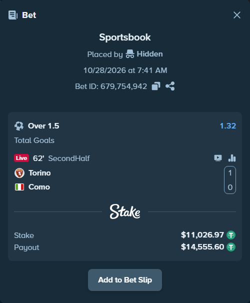 Bet slip: Torino - Como, $11,038.00 stake at 1.32 odds, placed by kotot70227