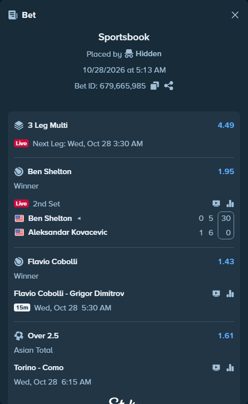 Bet slip: Torino - Como, $18,073.67 stake at 1.61 odds, placed by Hidden