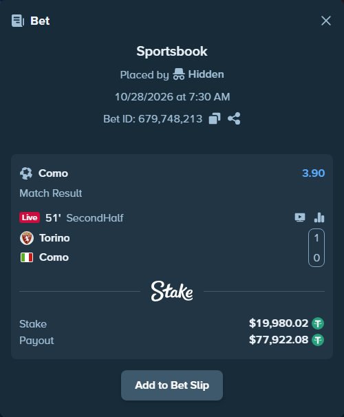 Bet slip: Torino - Como, $20,000.00 stake at 3.90 odds, placed by Hidden