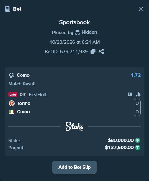 Bet slip: Torino - Como, $80,080.00 stake at 1.72 odds, placed by Hidden