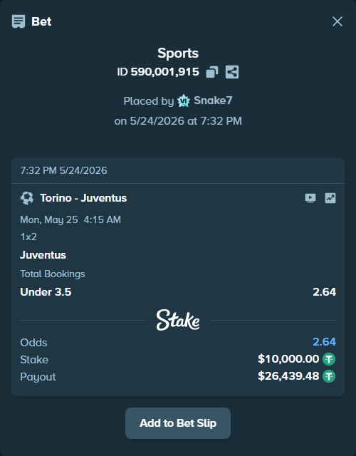 Bet slip: Torino - Juventus, $10,000.00 stake at 1.55 odds, placed by Snake7
