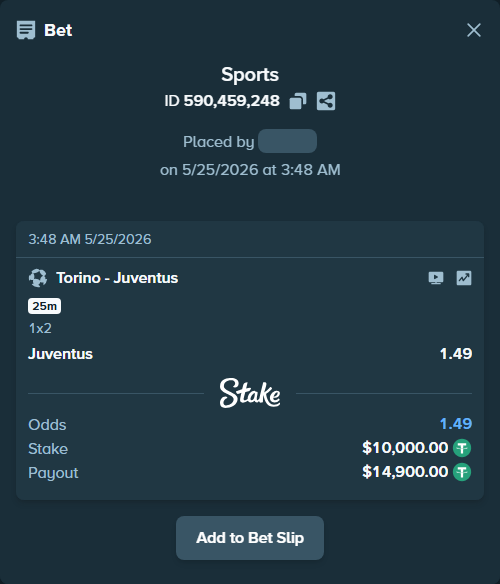 Bet slip: Torino - Juventus, $10,000.00 stake at 1.49 odds, placed by frodeand