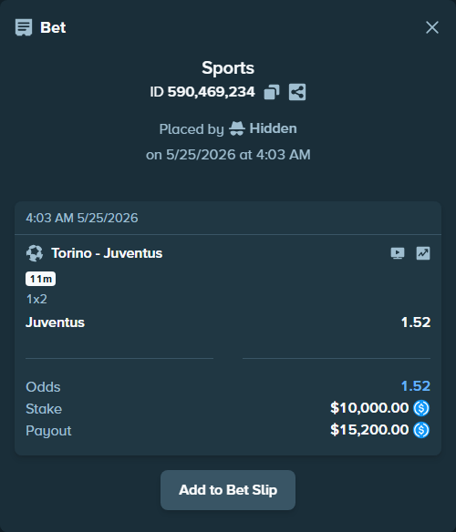 Bet slip: Torino - Juventus, $10,000.00 stake at 1.52 odds, placed by Hidden