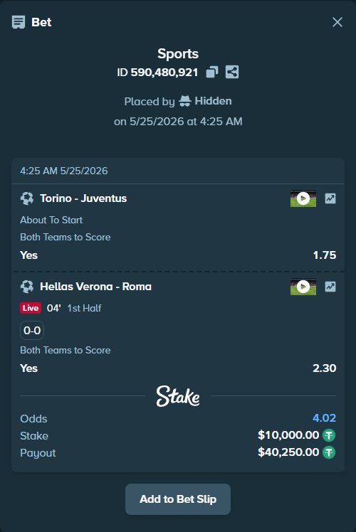 Bet slip: Torino - Juventus, $10,000.00 stake at 1.75 odds, placed by Hidden