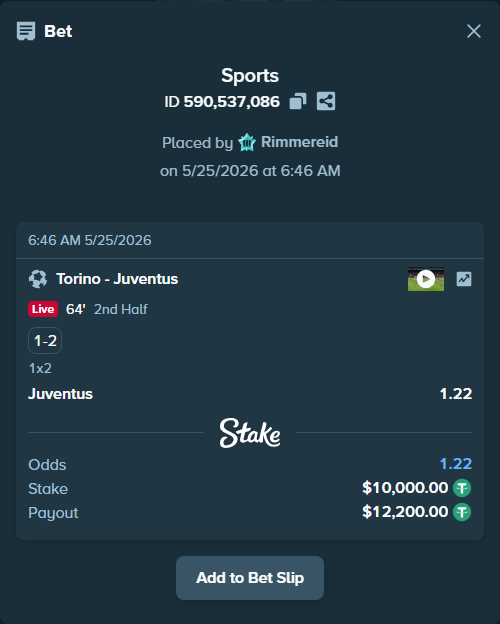 Bet slip: Torino - Juventus, $10,000.00 stake at 1.22 odds, placed by Rimmereid