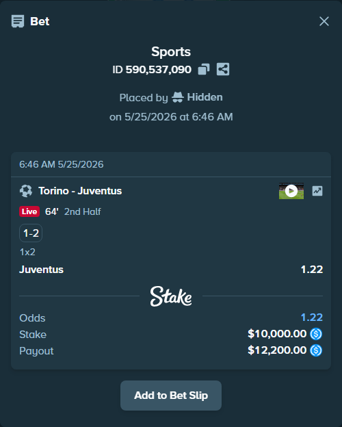 Bet slip: Torino - Juventus, $10,000.00 stake at 1.22 odds, placed by Hidden