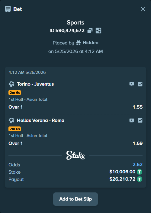 Bet slip: Torino - Juventus, $10,006.00 stake at 1.55 odds, placed by Hidden