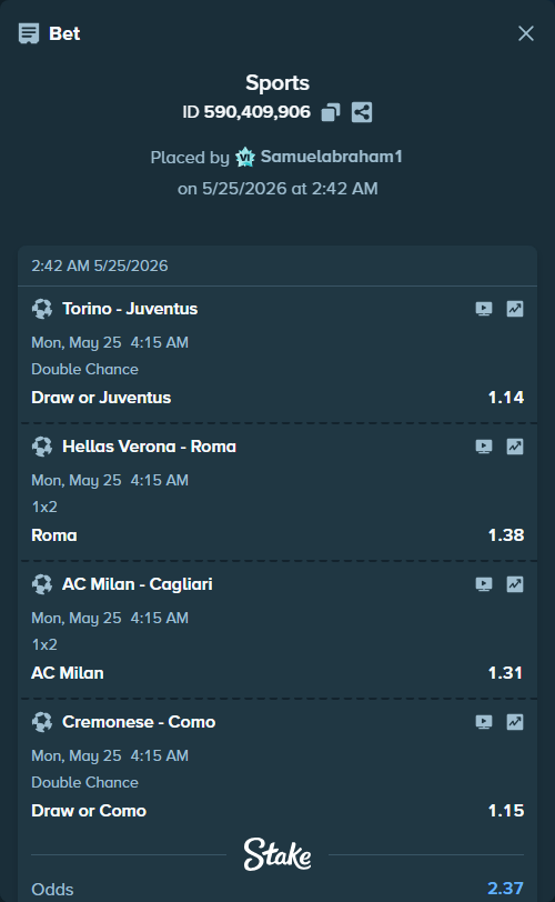 Bet slip: Torino - Juventus, $10,578.08 stake at 1.14 odds, placed by Samuelabraham1