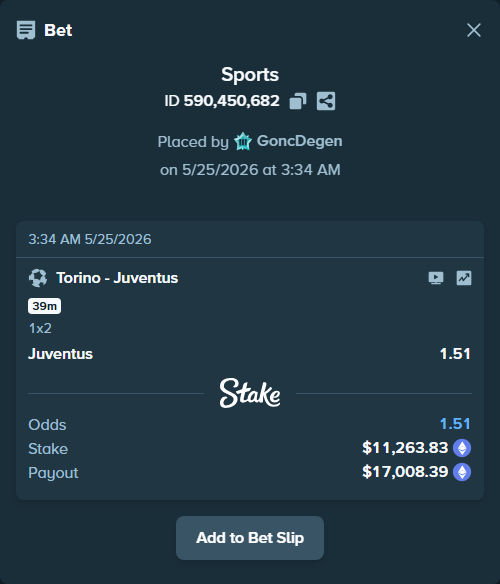 Bet slip: Torino - Juventus, $9,296.75 stake at 1.51 odds, placed by GoncDegen