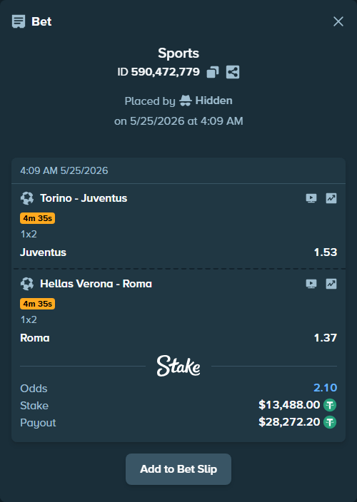 Bet slip: Torino - Juventus, $13,488.00 stake at 1.53 odds, placed by Hidden