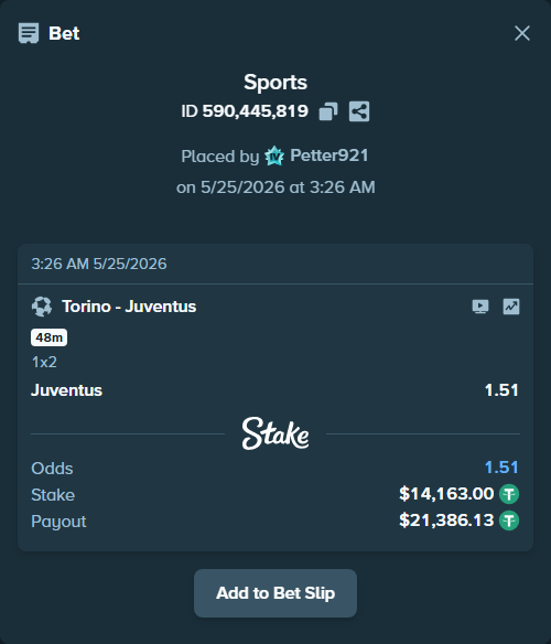 Bet slip: Torino - Juventus, $14,163.00 stake at 1.51 odds, placed by Petter921