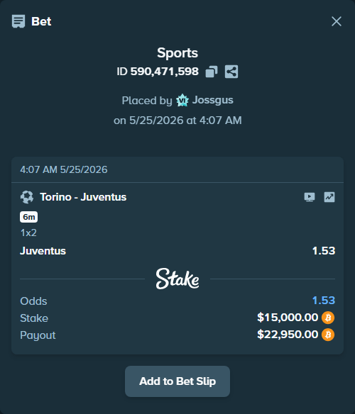 Bet slip: Torino - Juventus, $12,582.95 stake at 1.53 odds, placed by Jossgus