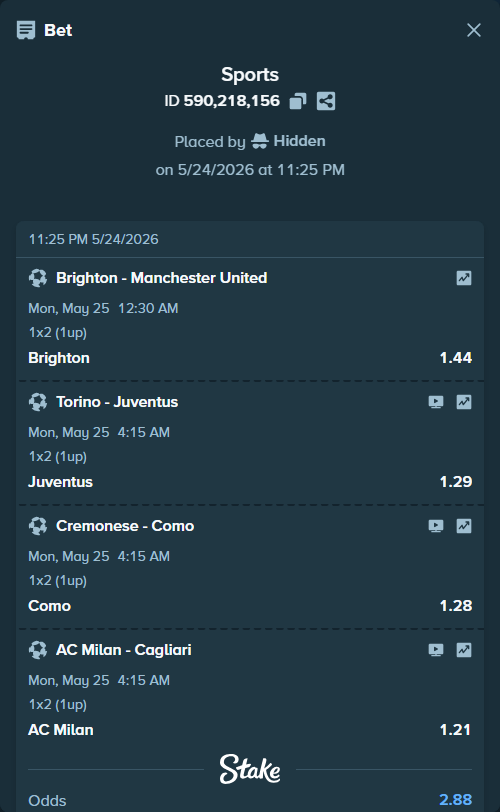 Bet slip: Torino - Juventus, $15,000.00 stake at 1.29 odds, placed by Hidden