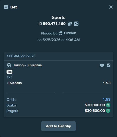 Bet slip: Torino - Juventus, $20,000.00 stake at 1.53 odds, placed by Neberay