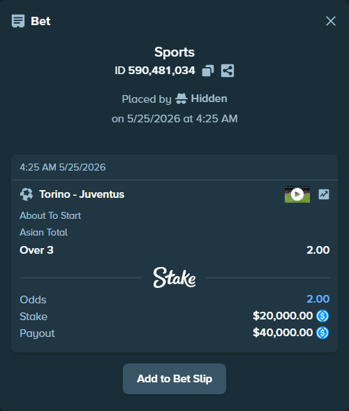 Bet slip: Torino - Juventus, $20,000.00 stake at 2.00 odds, placed by Hidden