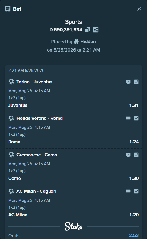 Bet slip: Torino - Juventus, $25,000.00 stake at 1.31 odds, placed by Hidden