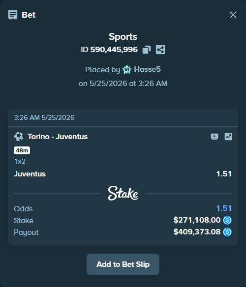 Bet slip: Torino - Juventus, $271,108.00 stake at 1.51 odds, placed by Hasse5