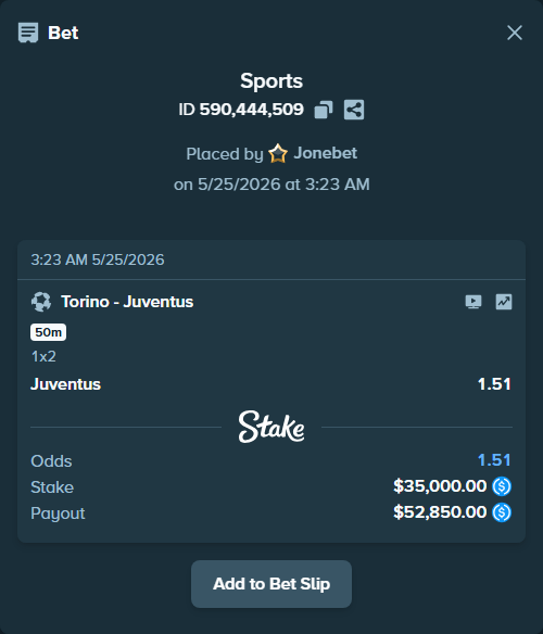 Bet slip: Torino - Juventus, $35,000.00 stake at 1.51 odds, placed by Jonebet