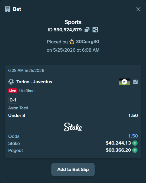 Bet slip: Torino - Juventus, $40,244.13 stake at 1.50 odds, placed by 30Curry30