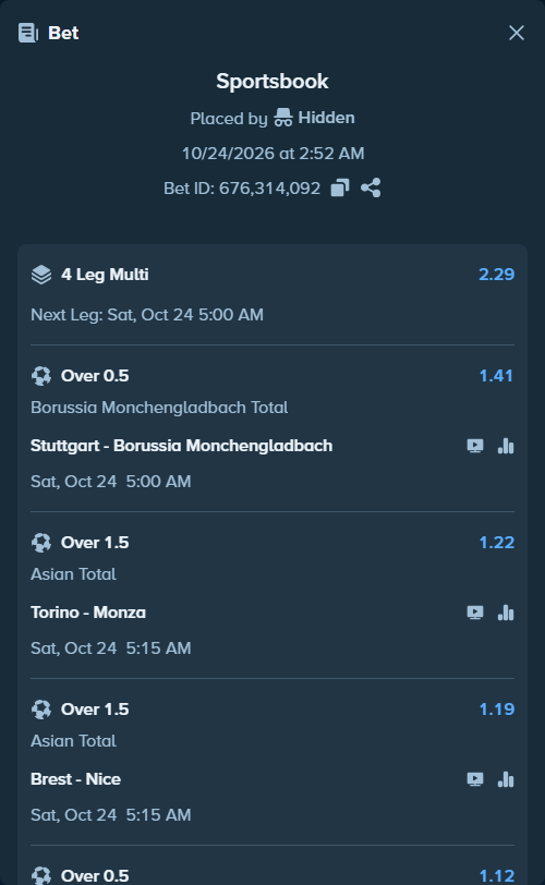 Bet slip: Torino - Monza, $10,000.00 stake at 1.22 odds, placed by Hidden