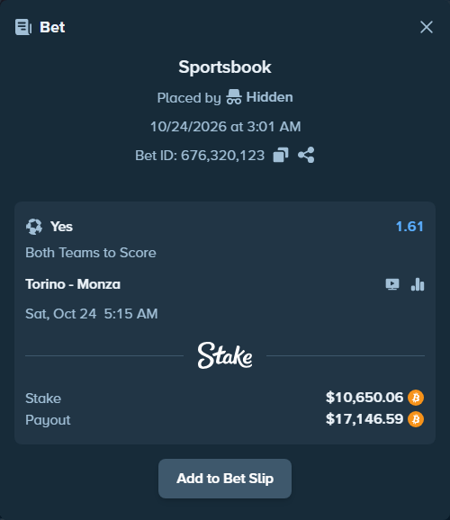 Bet slip: Torino - Monza, $10,567.01 stake at 1.61 odds, placed by Hidden