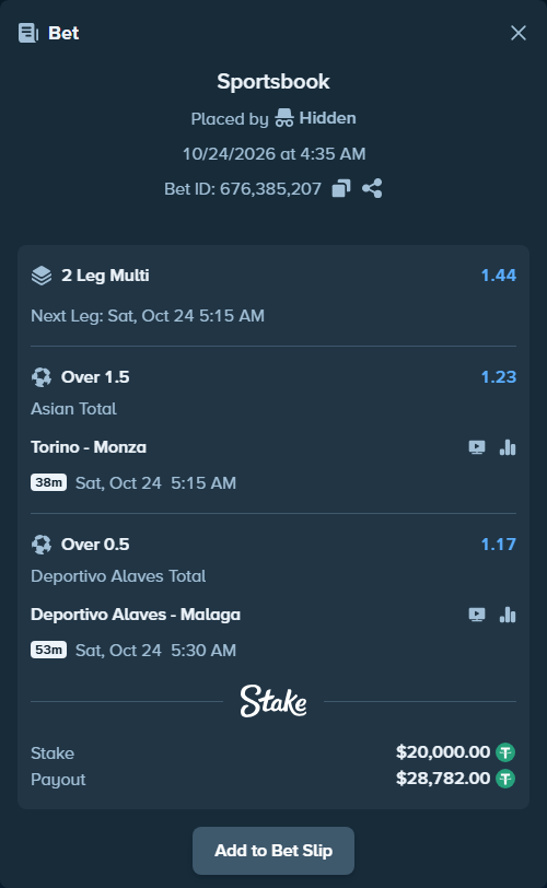 Bet slip: Torino - Monza, $20,020.00 stake at 1.23 odds, placed by Hidden