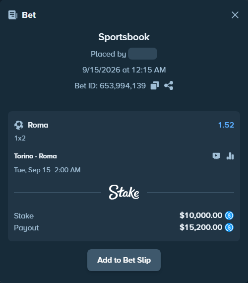 Bet slip: Torino - Roma, $10,000.00 stake at 1.52 odds, placed by RonexTheGoat