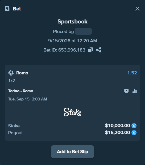 Bet slip: Torino - Roma, $10,000.00 stake at 1.52 odds, placed by DerrickHarper