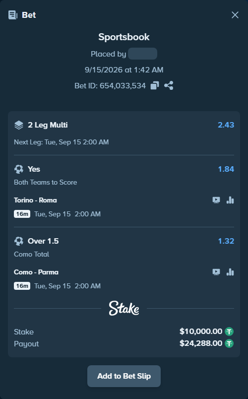 Bet slip: Torino - Roma, $10,000.00 stake at 1.84 odds, placed by roha1292