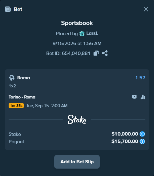 Bet slip: Torino - Roma, $10,000.00 stake at 1.57 odds, placed by LarsL