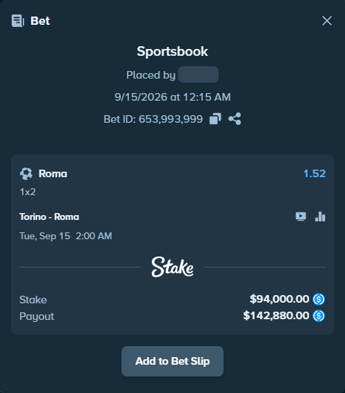 Bet slip: Torino - Roma, $94,000.00 stake at 1.52 odds, placed by pering3