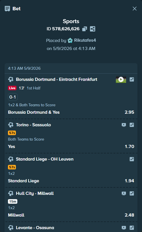Bet slip: Torino - Sassuolo, $10,000.00 stake at 1.70 odds, placed by Rikutafes4