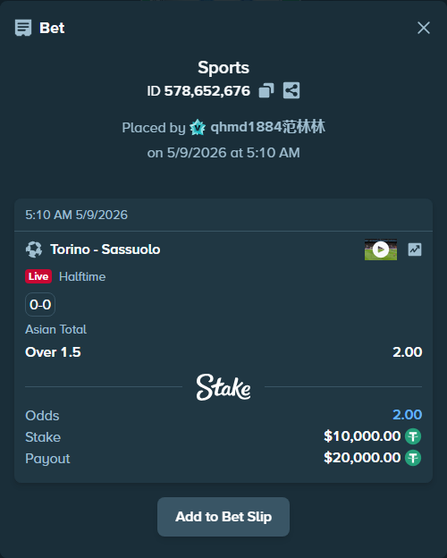 Bet slip: Torino - Sassuolo, $10,000.00 stake at 2.00 odds, placed by qhmd1884范林林