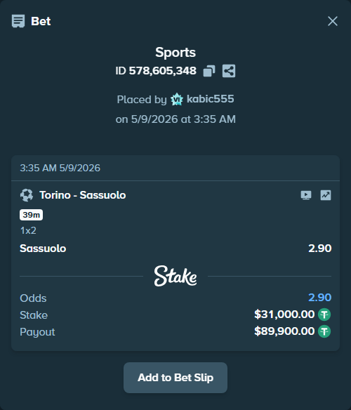 Bet slip: Torino - Sassuolo, $31,000.00 stake at 2.90 odds, placed by kabic555