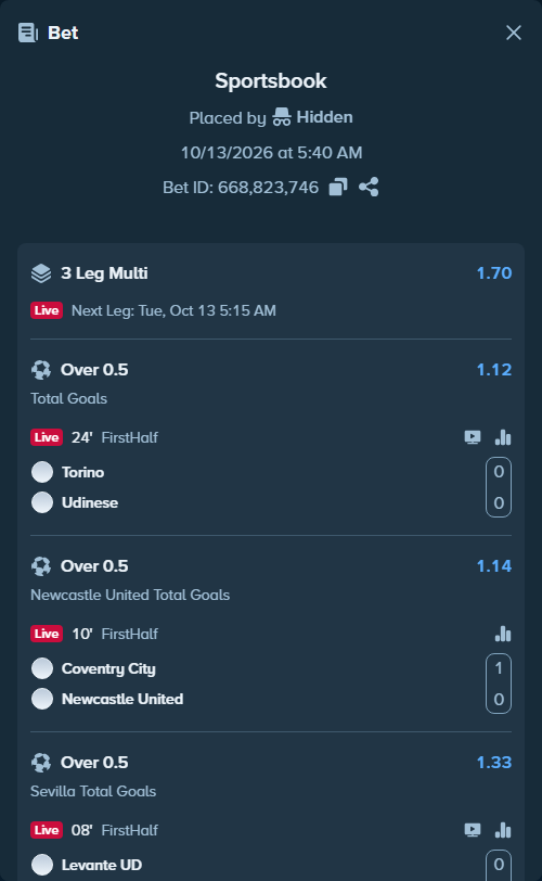 Bet slip: Torino - Udinese, $14,999.00 stake at 1.12 odds, placed by SH7N28