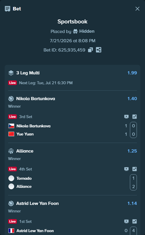 Bet slip: Tornado - Alliance, $10,000.00 stake at 1.25 odds, placed by Hidden