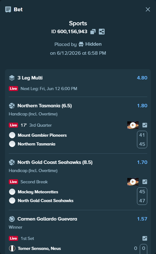 Bet slip: Torner Sensano, Neus - Carmen Gallardo Guevara, $10,000.00 stake at 1.57 odds, placed by Hidden