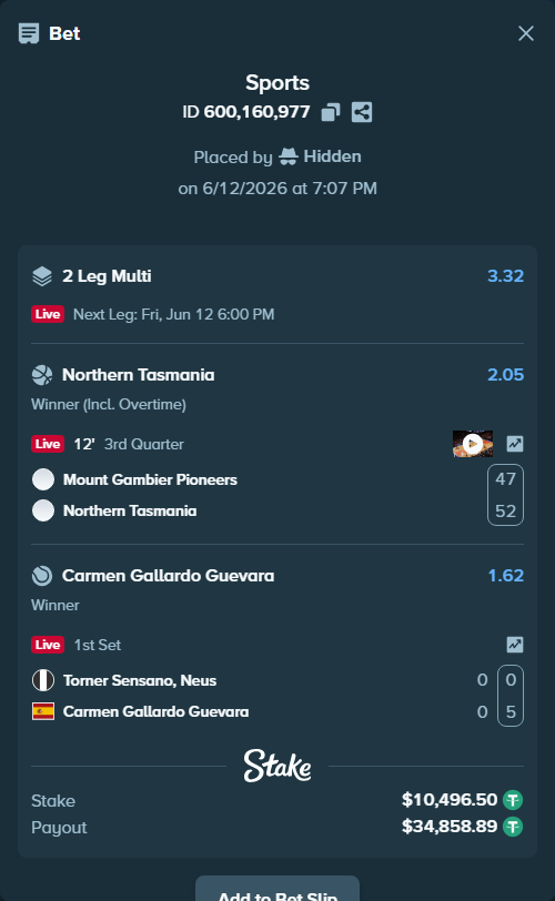 Bet slip: Torner Sensano, Neus - Carmen Gallardo Guevara, $10,507.00 stake at 1.62 odds, placed by Hidden