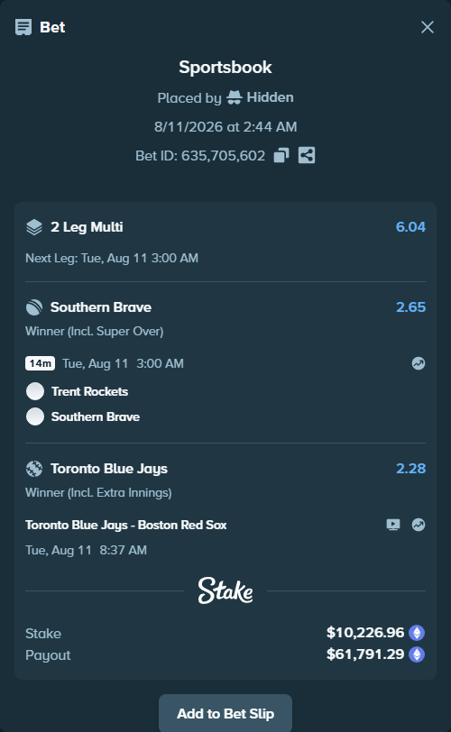 Bet slip: Toronto Blue Jays - Boston Red Sox, $10,294.22 stake at 2.28 odds, placed by Hidden