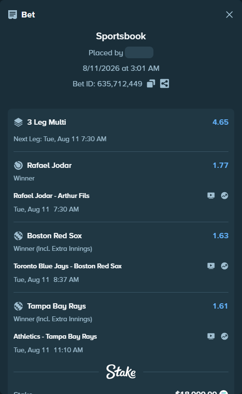 Bet slip: Toronto Blue Jays - Boston Red Sox, $18,080.57 stake at 1.63 odds, placed by CosmicSignal39