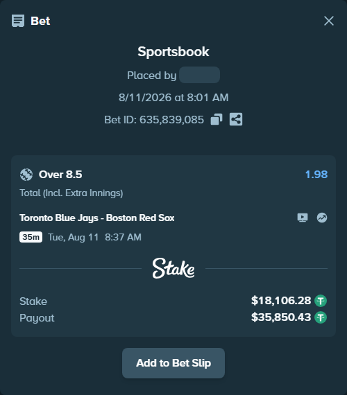 Bet slip: Toronto Blue Jays - Boston Red Sox, $18,124.38 stake at 1.98 odds, placed by mkunerth
