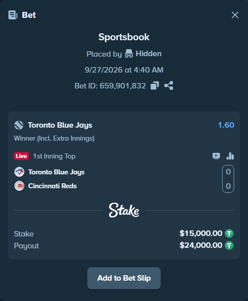 Bet slip: Toronto Blue Jays - Cincinnati Reds, $15,000.00 stake at 1.60 odds, placed by nandonzr