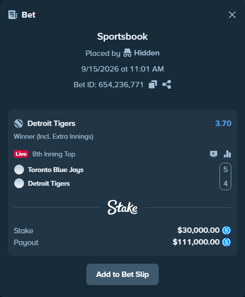 Bet slip: Toronto Blue Jays - Detroit Tigers, $30,000.00 stake at 3.70 odds, placed by Hidden