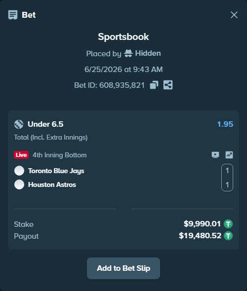 Bet slip: Toronto Blue Jays - Houston Astros, $10,000.00 stake at 1.95 odds, placed by zhanjinkun