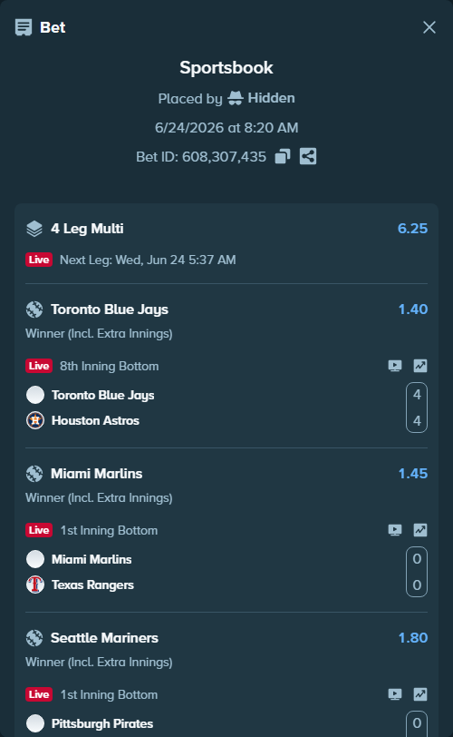 Bet slip: Toronto Blue Jays - Houston Astros, $34,387.19 stake at 1.40 odds, placed by Hidden